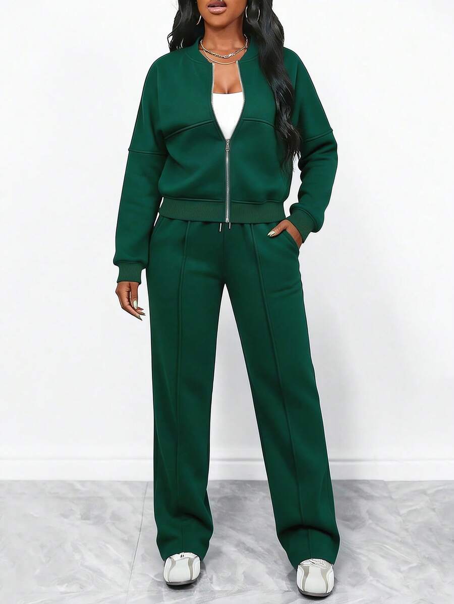 Women's Elegant Two-Piece Zip-Up Jacket & Straight-Leg Pants Set
