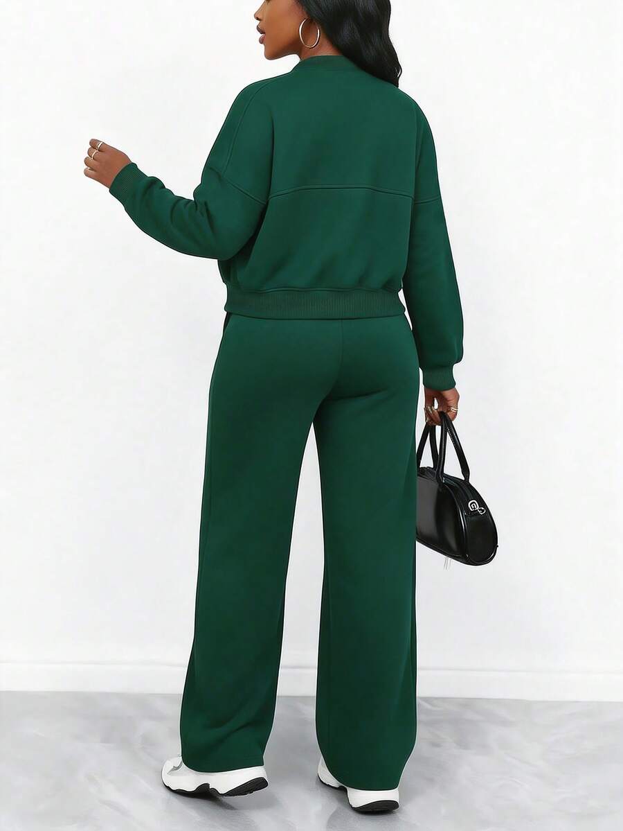 Women's Elegant Two-Piece Zip-Up Jacket & Straight-Leg Pants Set