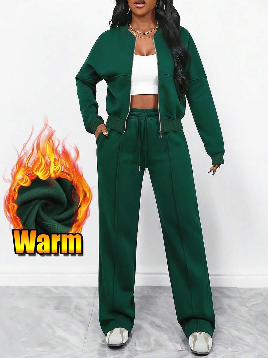 Women's Elegant Two-Piece Zip-Up Jacket & Straight-Leg Pants Set