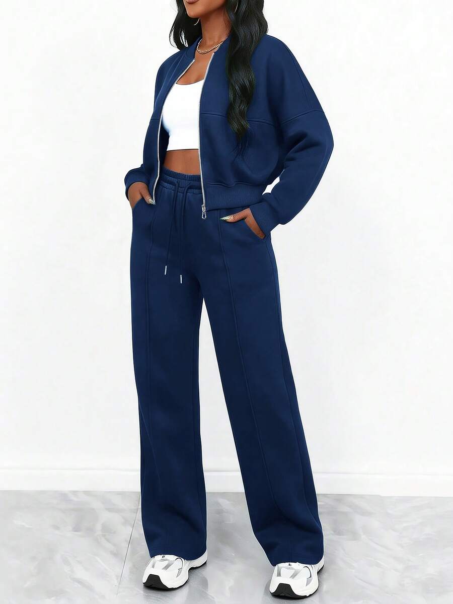 Women's Elegant Two-Piece Zip-Up Jacket & Straight-Leg Pants Set