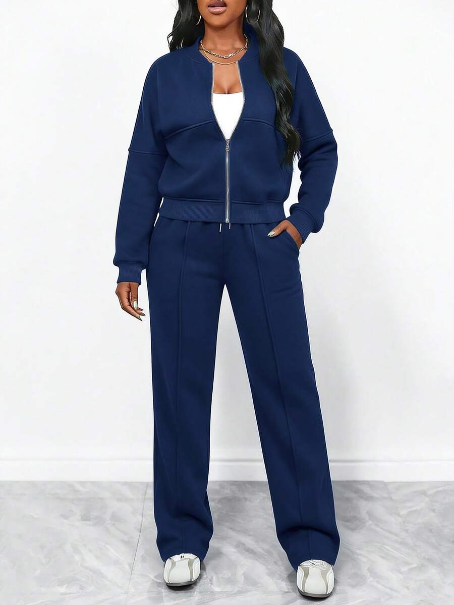 Women's Elegant Two-Piece Zip-Up Jacket & Straight-Leg Pants Set