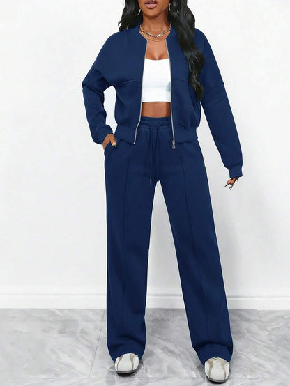 Women's Elegant Two-Piece Zip-Up Jacket & Straight-Leg Pants Set
