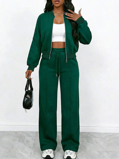 Women's Elegant Two-Piece Zip-Up Jacket & Straight-Leg Pants Set