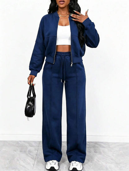 Women's Elegant Two-Piece Zip-Up Jacket & Straight-Leg Pants Set