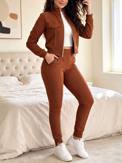 Women's Elegant Two-Piece Zip-Up Jacket & Pants Set