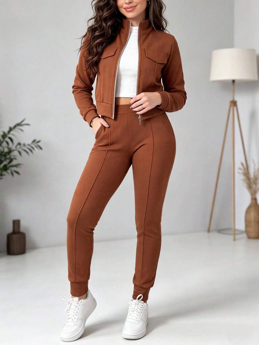 Women's Elegant Two-Piece Zip-Up Jacket & Pants Set