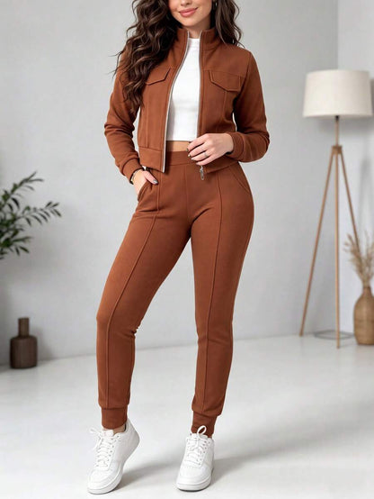 Women's Elegant Two-Piece Zip-Up Jacket & Pants Set