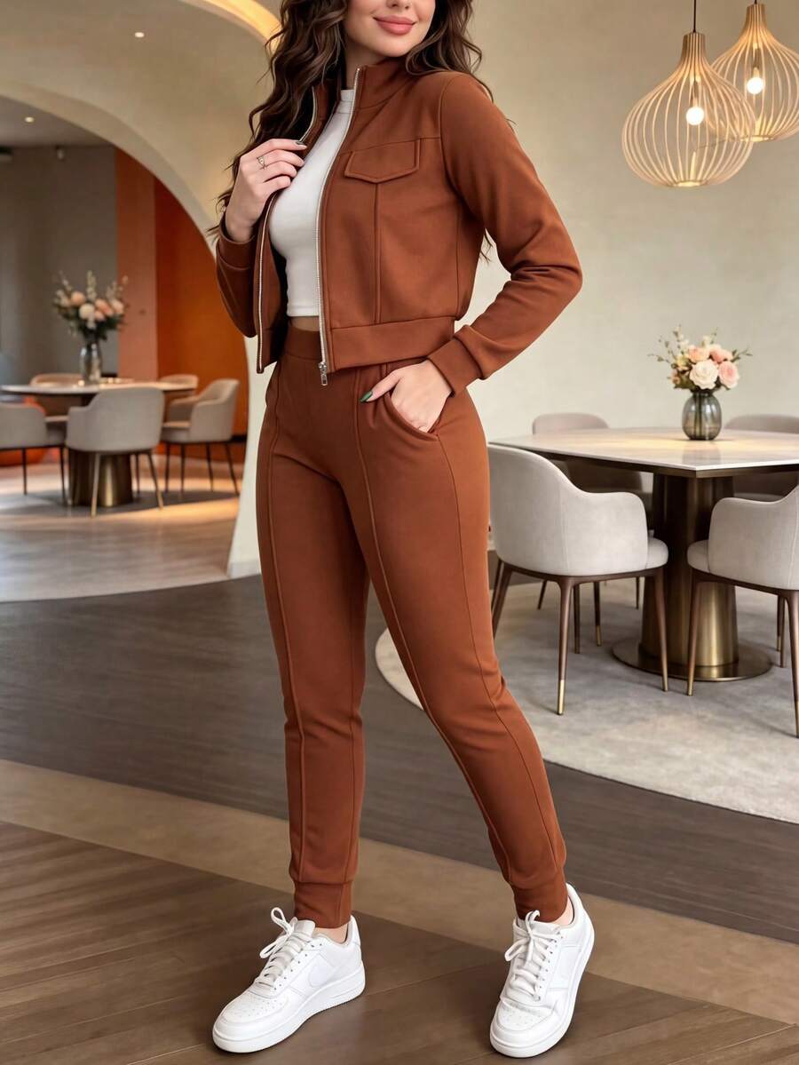 Women's Elegant Two-Piece Zip-Up Jacket & Pants Set