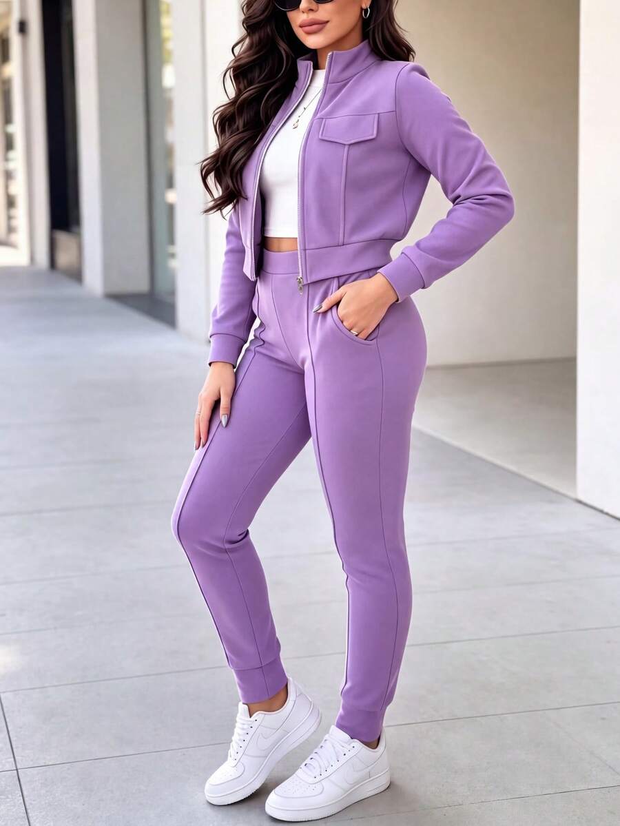 Women's Elegant Two-Piece Zip-Up Jacket & Pants Set