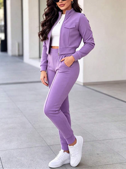 Women's Elegant Two-Piece Zip-Up Jacket & Pants Set
