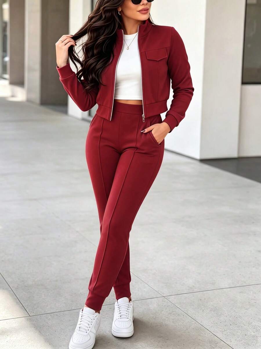 Women's Elegant Two-Piece Zip-Up Jacket & Pants Set