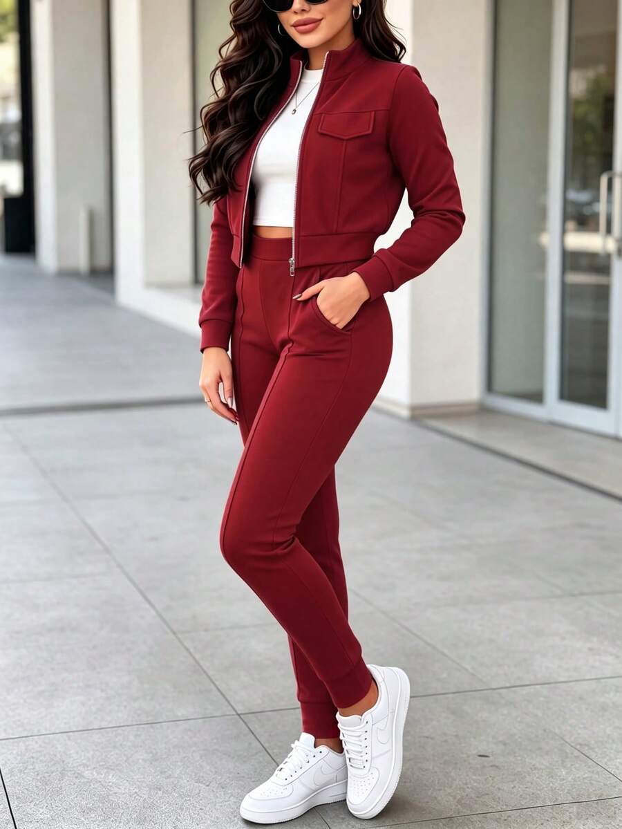 Women's Elegant Two-Piece Zip-Up Jacket & Pants Set