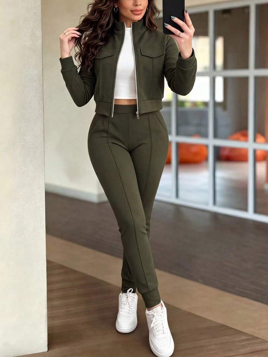 Women's Elegant Two-Piece Zip-Up Jacket & Pants Set