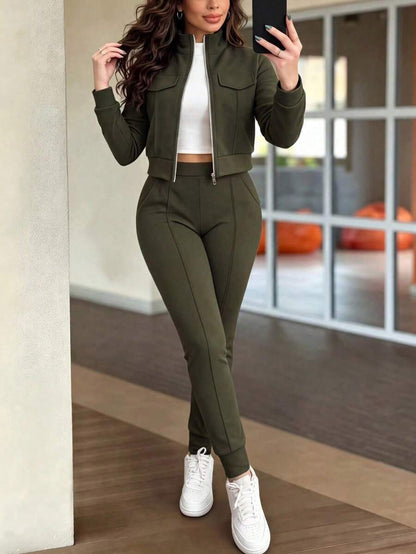 Women's Elegant Two-Piece Zip-Up Jacket & Pants Set