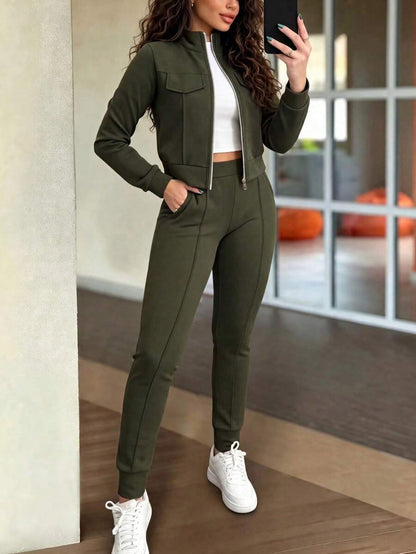 Women's Elegant Two-Piece Zip-Up Jacket & Pants Set
