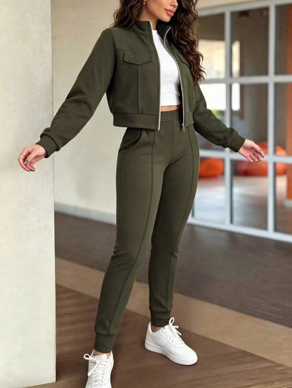 Women's Elegant Two-Piece Zip-Up Jacket & Pants Set