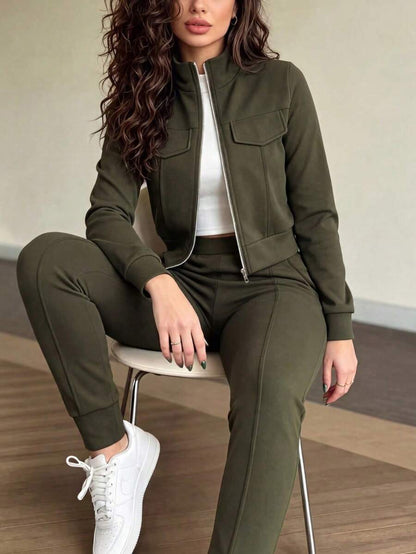 Women's Elegant Two-Piece Zip-Up Jacket & Pants Set