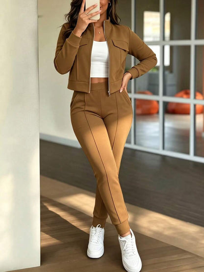 Women's Elegant Two-Piece Zip-Up Jacket & Pants Set