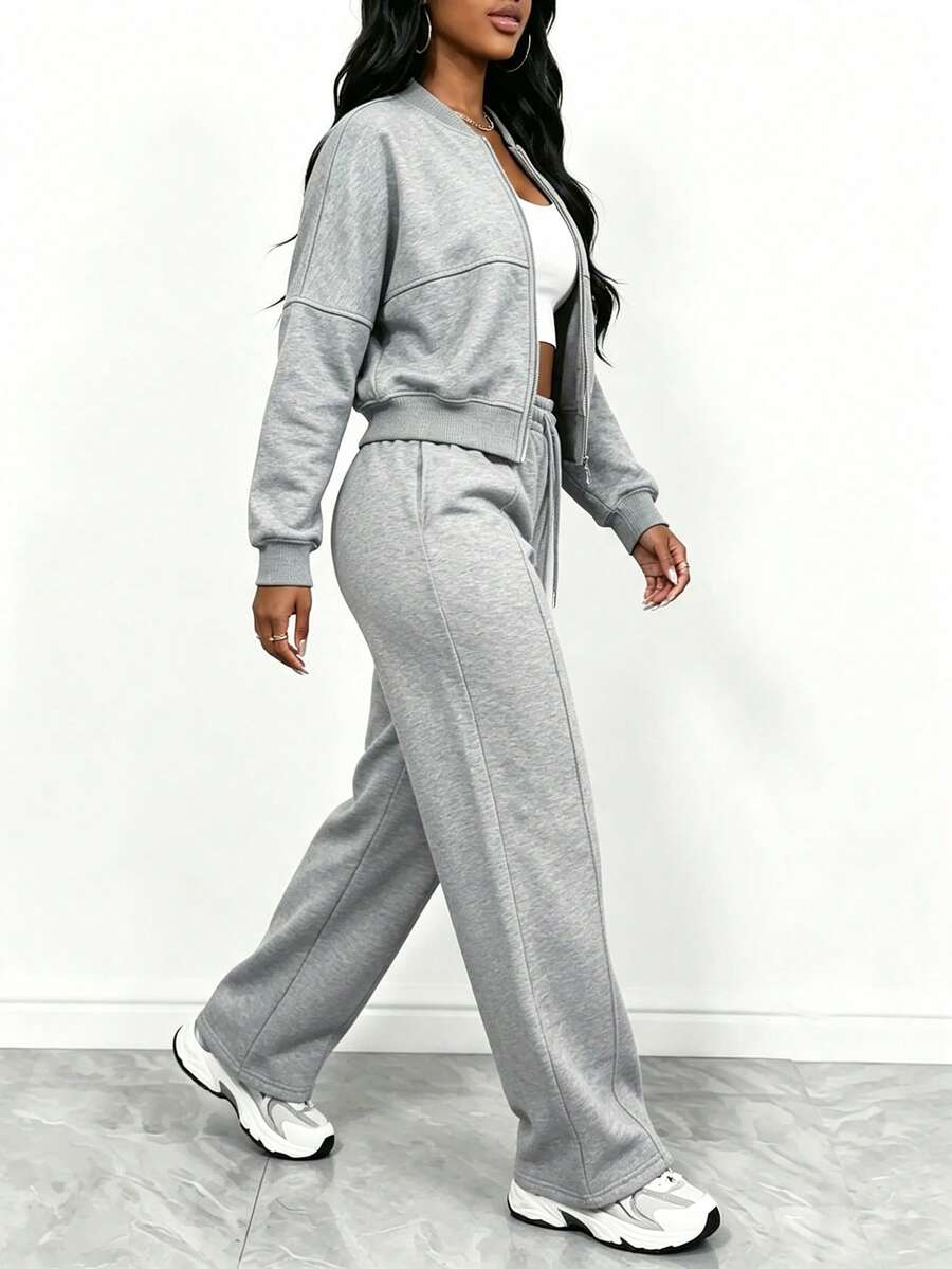 Women's Elegant Two-Piece Zip-Up Jacket & Straight-Leg Pants Set