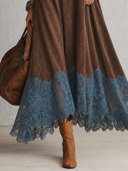 Detail of the blue floral lace hem on the brown dress, with tan boots 3