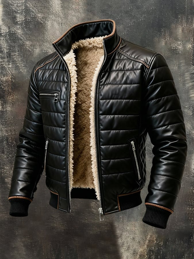 Black quilted faux-leather jacket with tan trim, shown unzipped from the front to reveal cream fleece lining 1