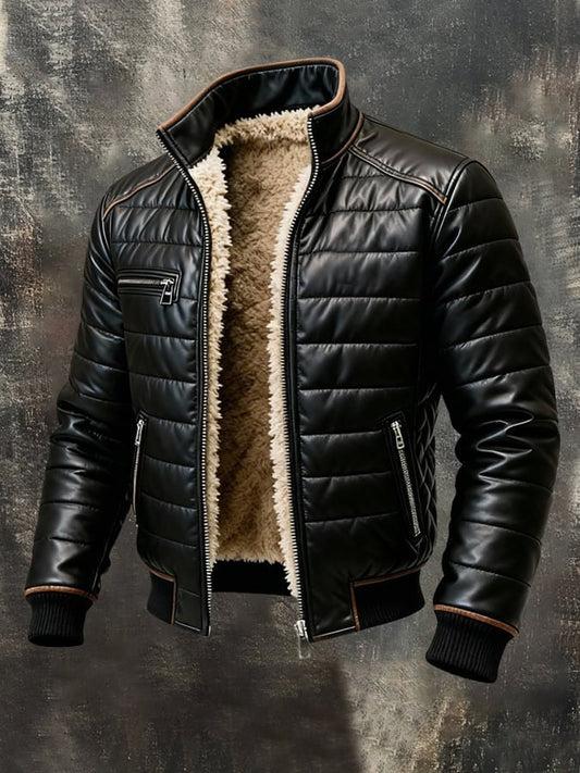 Black quilted faux-leather jacket with tan trim, shown unzipped from the front to reveal cream fleece lining 1