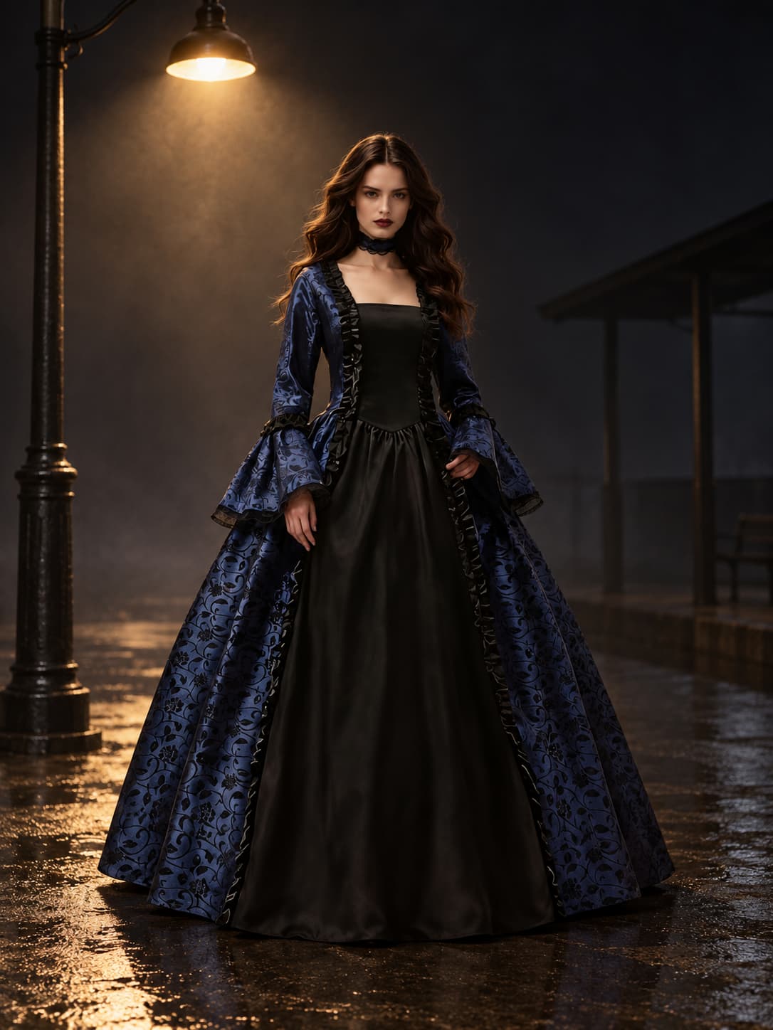 Model in the navy and black floral gown with flared sleeves, standing under a street lamp on a dark, wet, moody street. 1