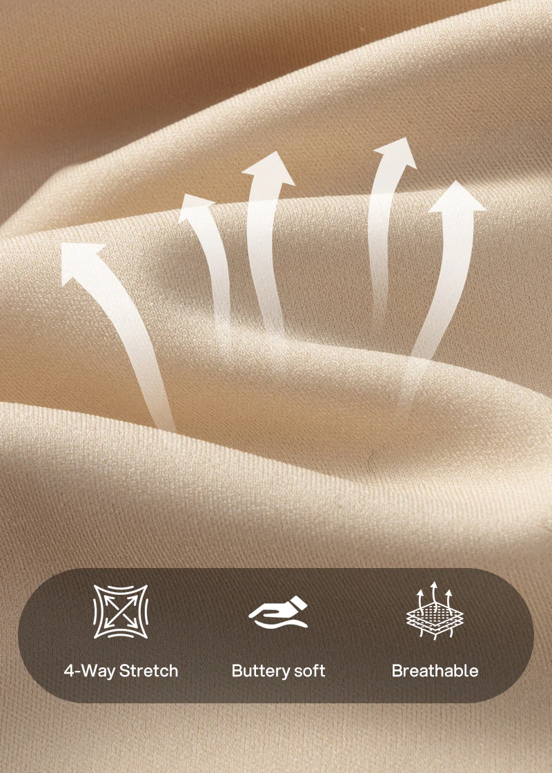 Close-up of soft beige stretch fabric with arrows and icons for four-way stretch and breathability 18