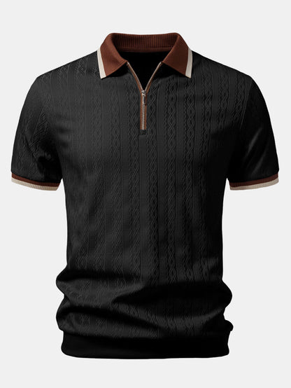 Front view of the black version, with brown collar, silver quarter zip and cream and brown striped cuffs. 3