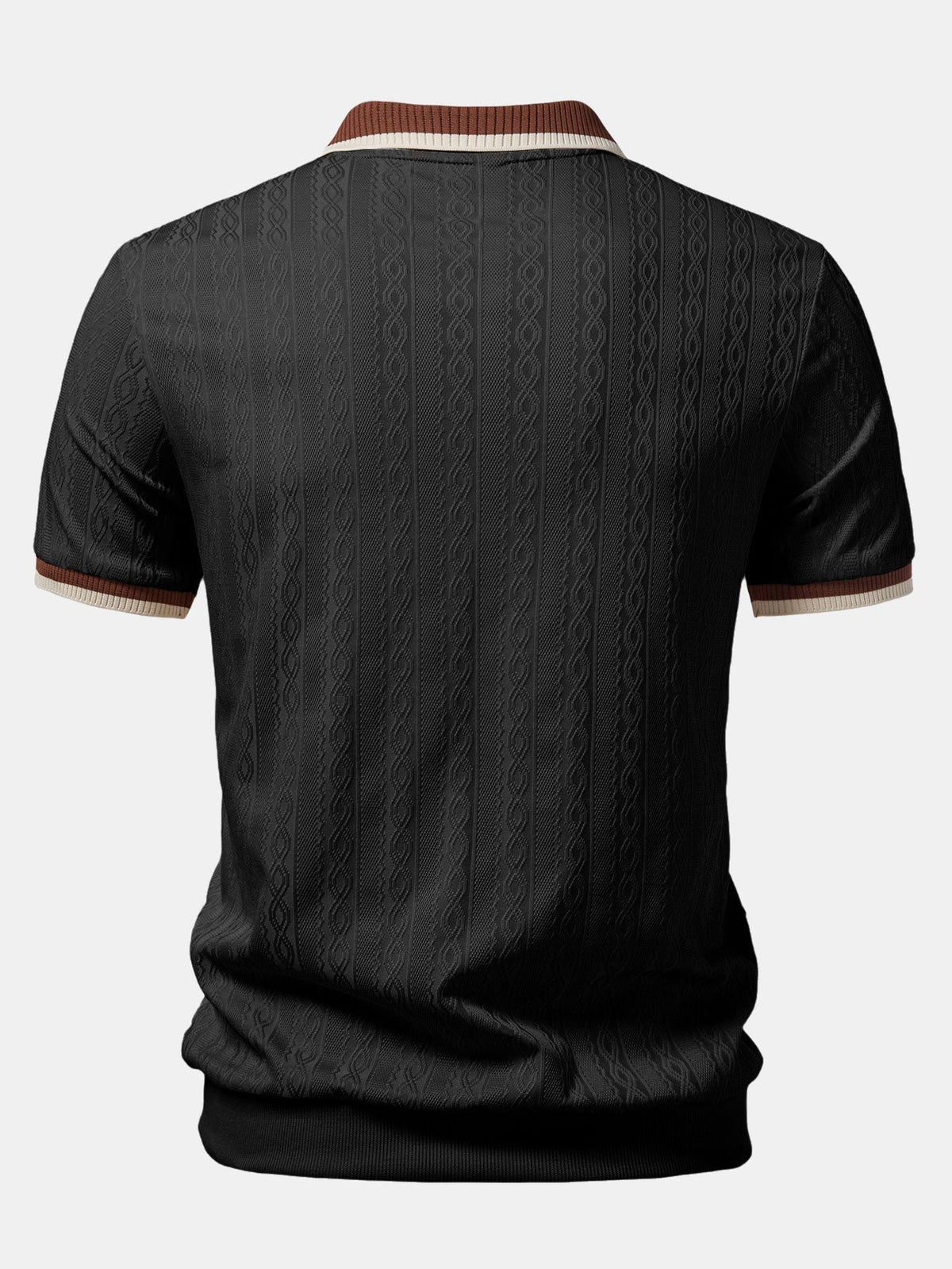 Back view of the black polo, showing the ribbed hem, tonal cable texture and contrast collar trim. 4