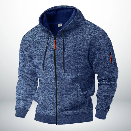 Front view of the hoodie in mottled blue, with orange zip pulls and drawstring hood 1