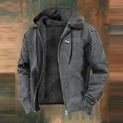 Same hooded jacket in charcoal grey, front open to reveal the dark fleece lining 4