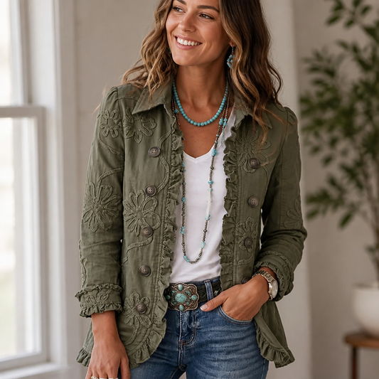 Smiling woman in an olive green embroidered jacket with ruffle edges, worn open over a white tee and jeans beside a window. 1