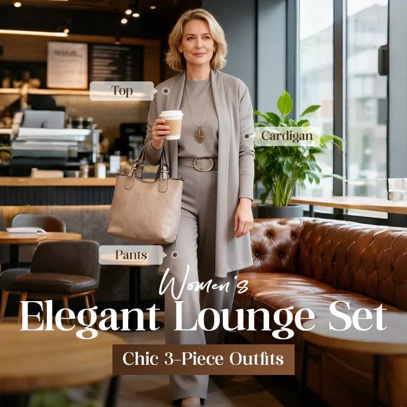 Woman in a taupe cardigan, top and wide-leg trousers holding a coffee cup and tote bag in a café, with labelled pieces. 1