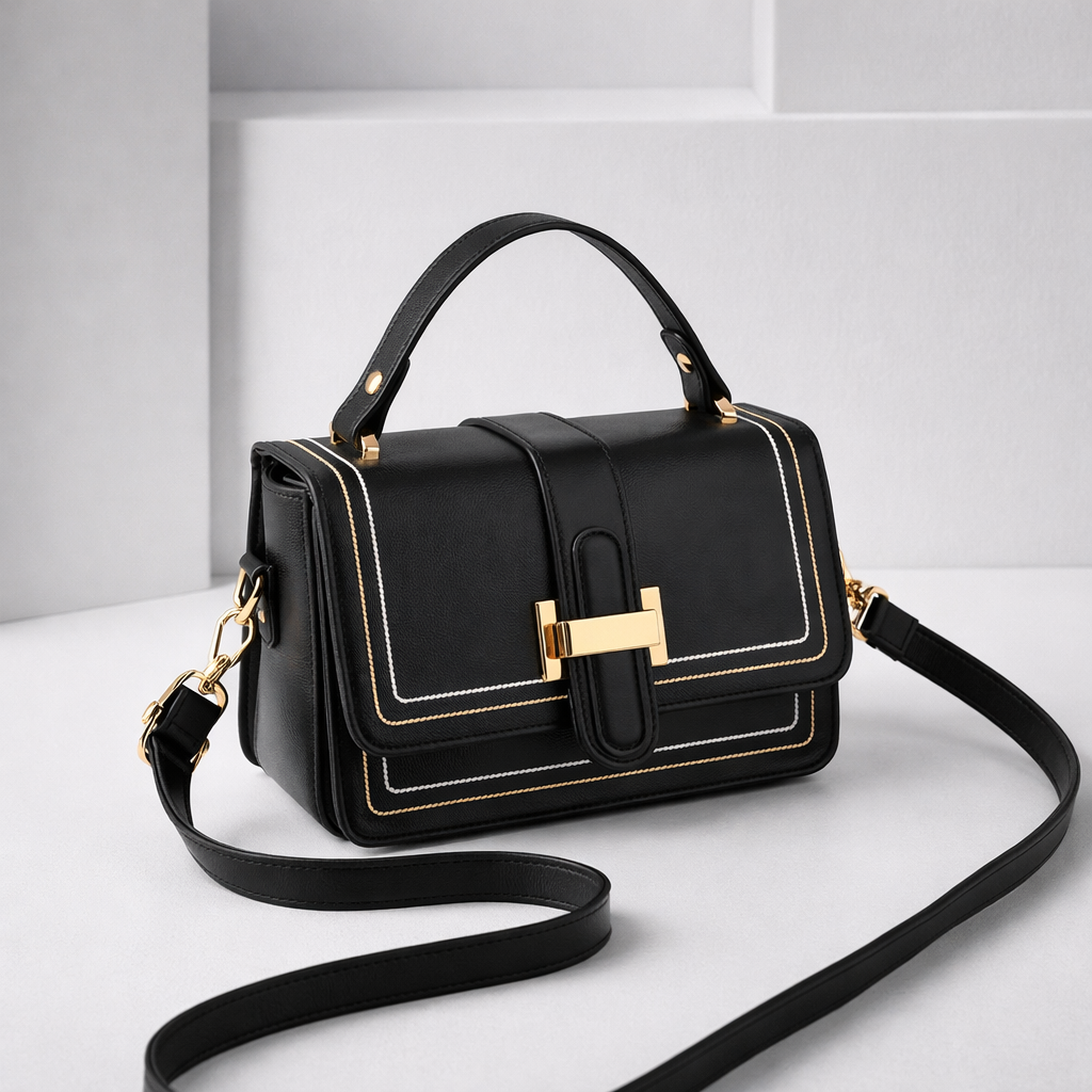 Black version of the bag at an angle, with gold and white contrast stitching, gold clasp and strap looped on the floor. 5