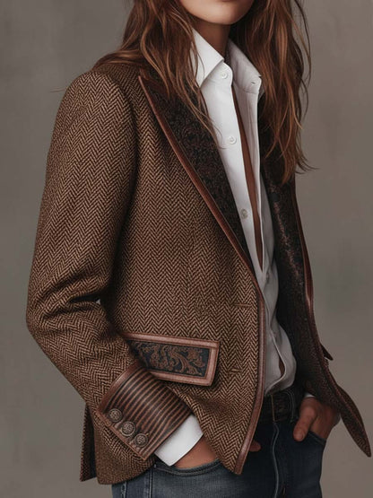 Side angle of the blazer worn open, showing the striped cuff, pocket flap and patterned lining 9