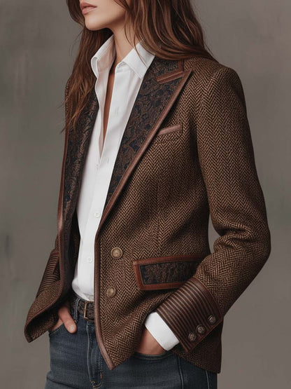 Side view of the blazer showing the chest pocket, patterned lapel, two buttons and striped cuff 10