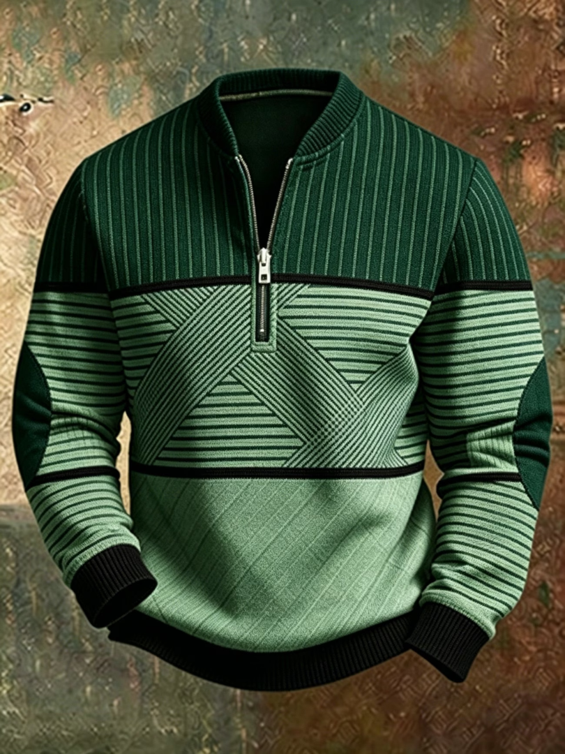Front view of the half-zip sweater in dark and light green with black ribbed hem 5