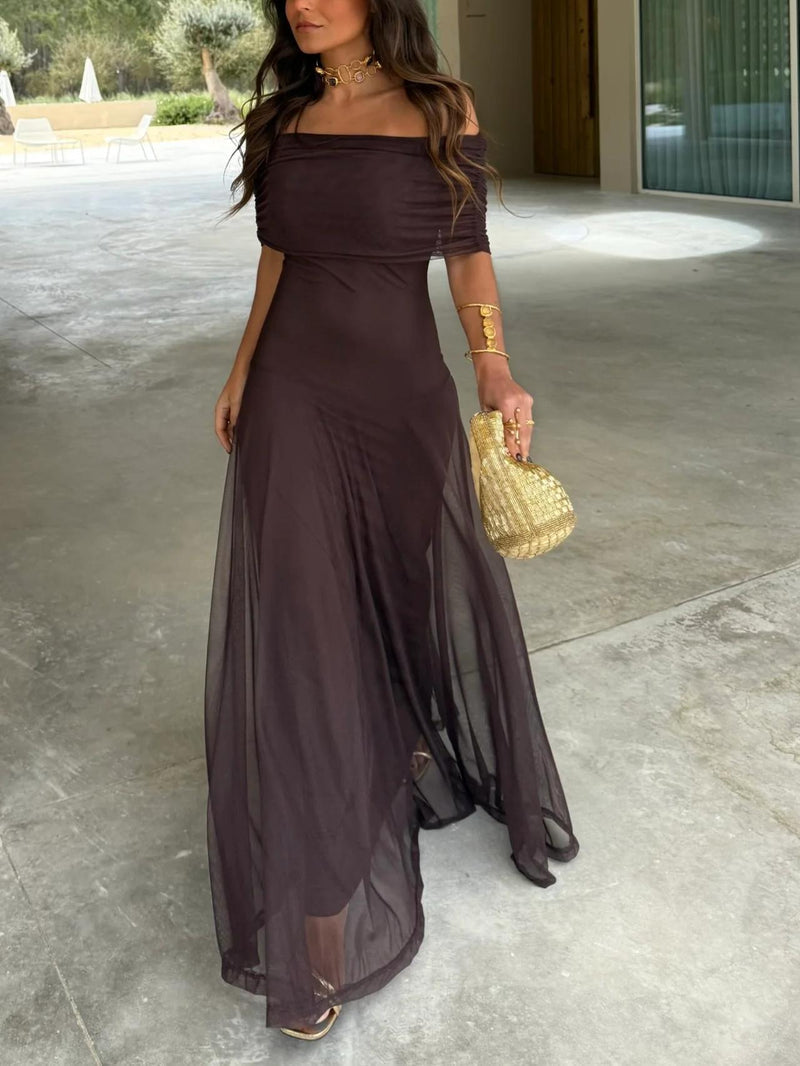 Model in dark brown sheer mesh maxi dress worn off the shoulder, holding a gold bag 1