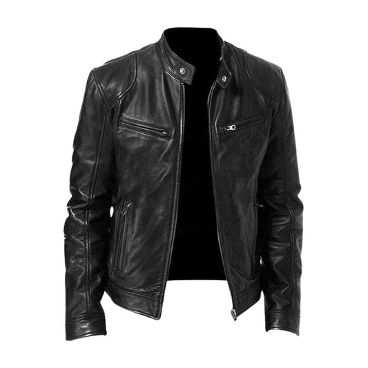 Black stand-collar jacket with a glossy finish, shown unzipped with chest and hip zip pockets 1