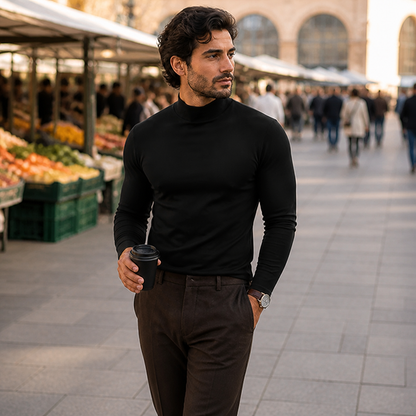 Close-up of the black tee on a model walking past a market, holding a takeaway coffee cup. 2
