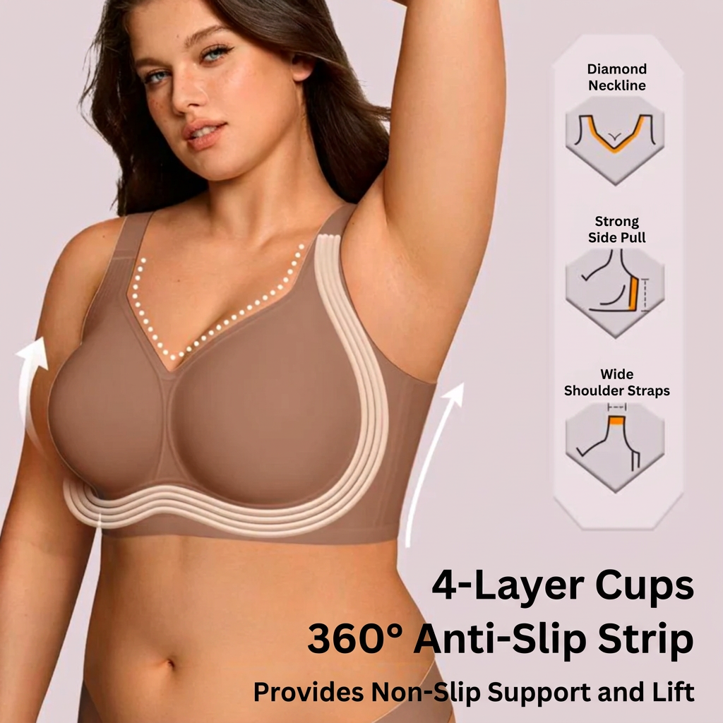 Model in brown bra with cream lines tracing the cups, plus small diagrams of neckline and straps 9