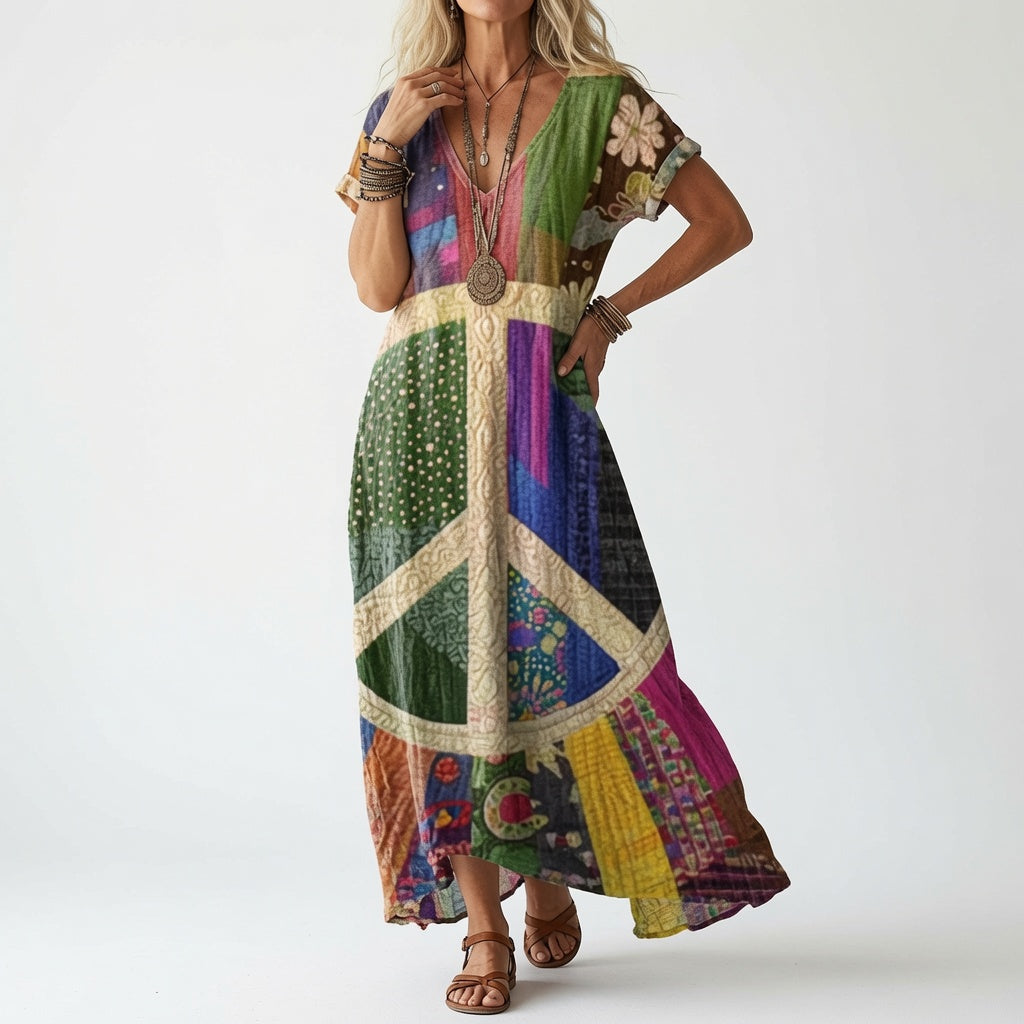 Model in a patchwork-style dress with a large peace symbol and multicoloured panels, styled with bracelets, necklaces and tan leather sandals. 2
