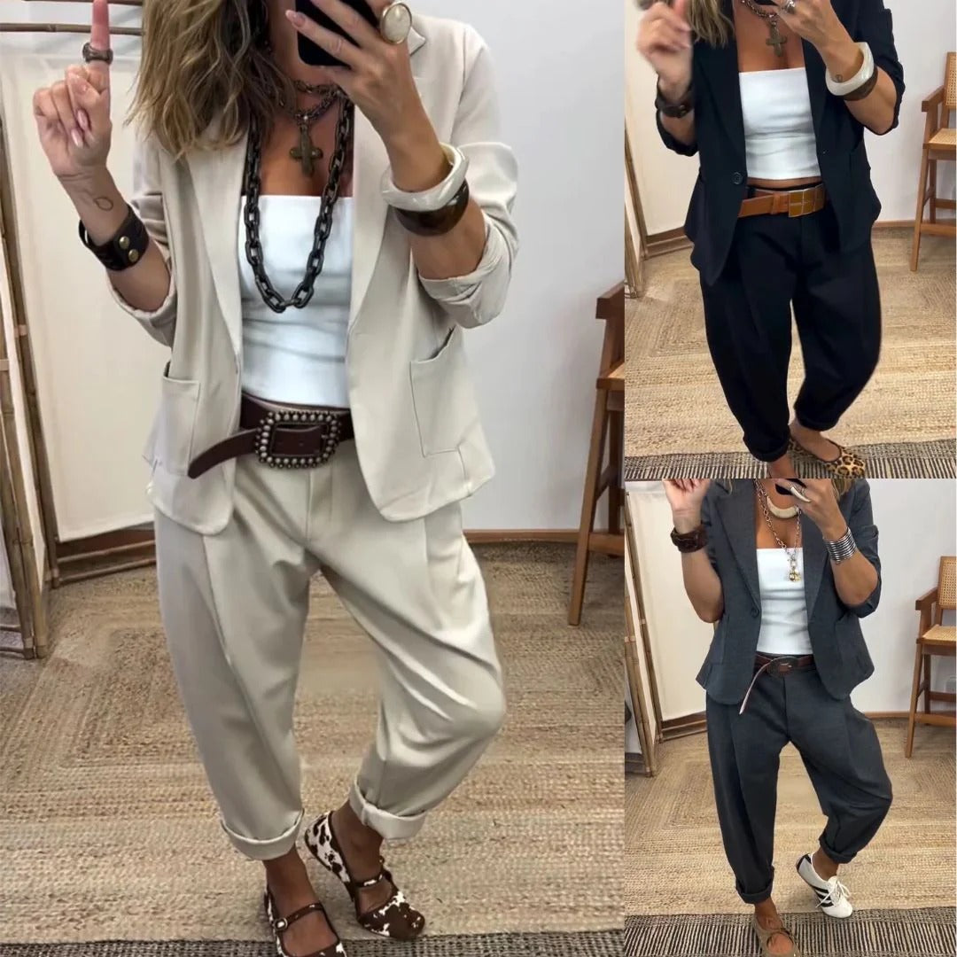 Side-by-side collage showing the blazer and trousers in stone, black and charcoal grey, each worn over a white top. 5