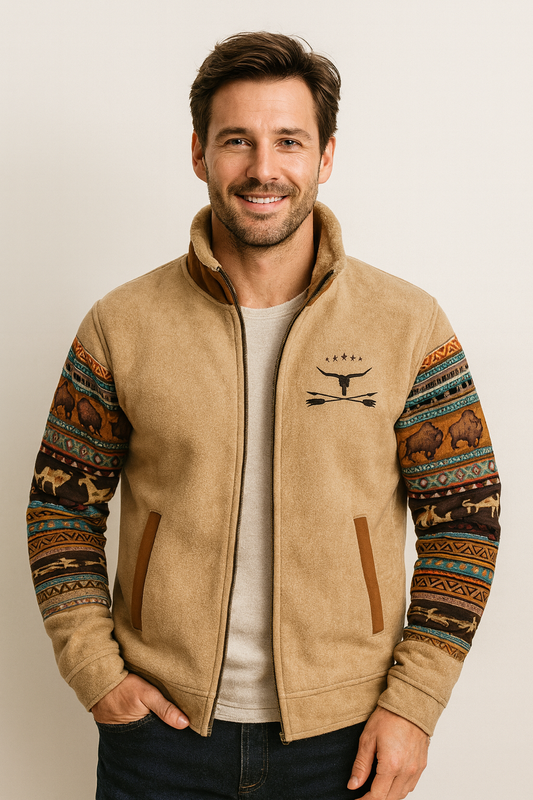 Smiling man wearing the tan zip-up fleece jacket with patterned animal-motif sleeves over a cream top and dark jeans. 1