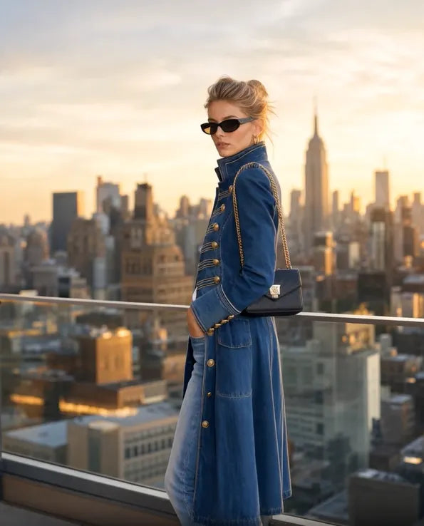 Side view of the blue denim coat on a model in sunglasses, showing the buttoned front, patch pocket and a chain-strap bag. 7