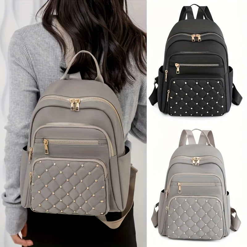 Collage of grey and black backpacks, one worn on a model's back, showing the studded quilted pocket 2