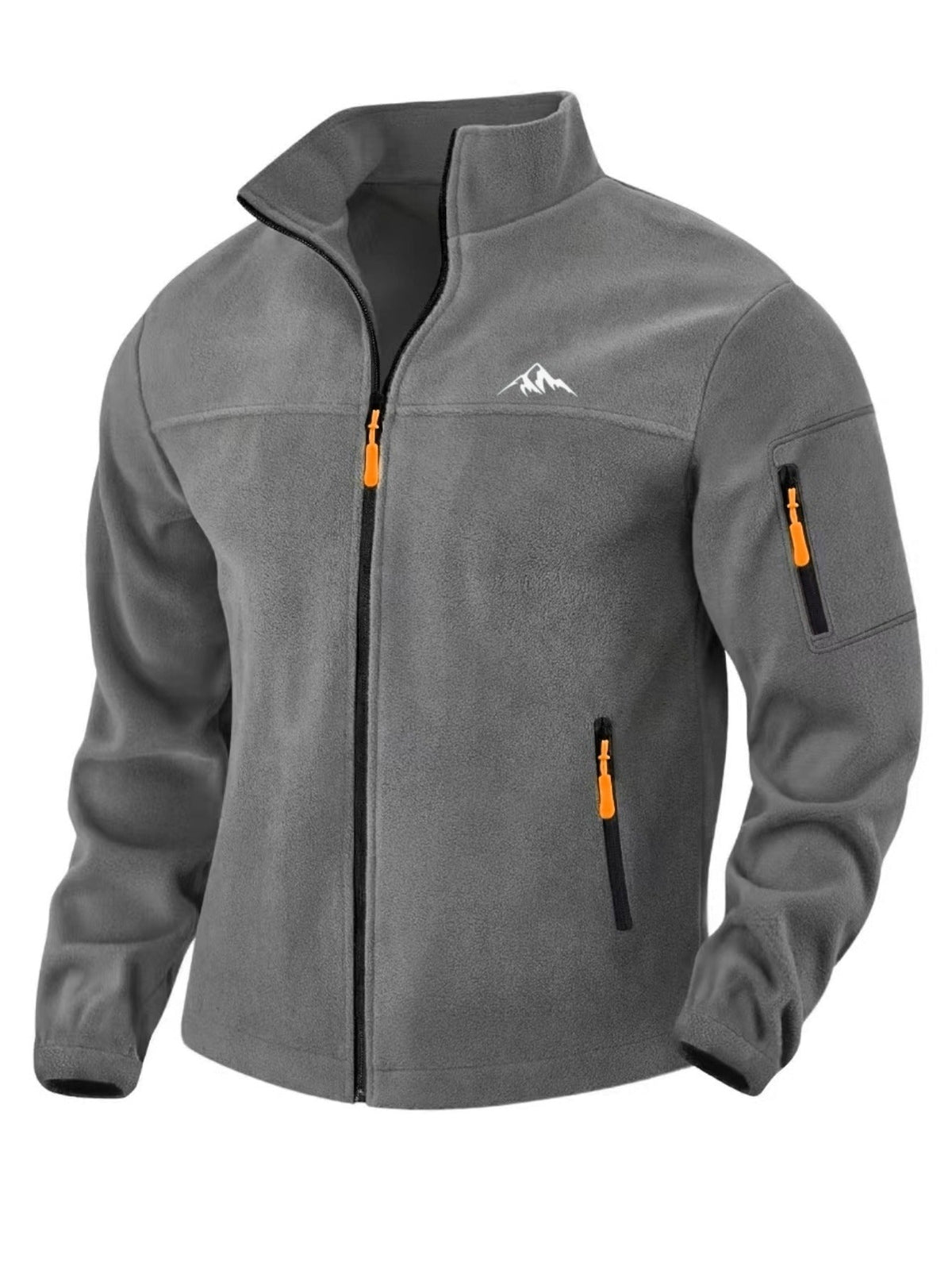 Front view of the dark grey fleece jacket with orange zip pulls and zipped pockets 5