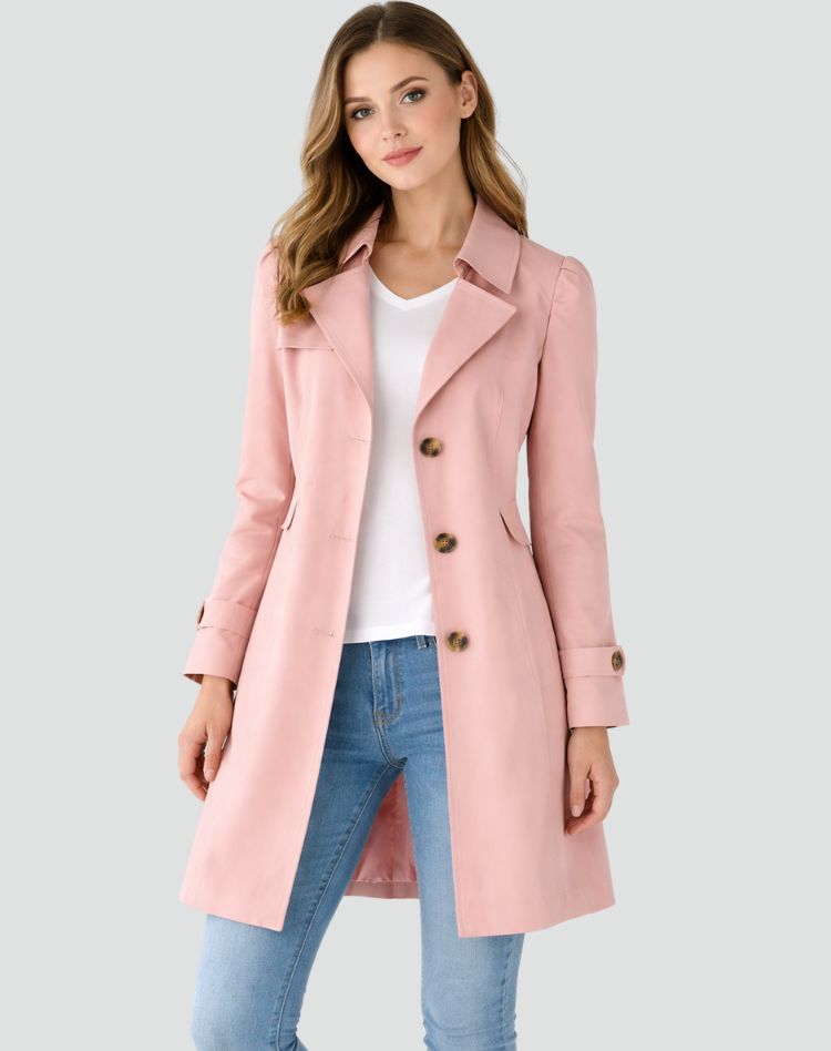 Model wearing the soft pink version, front view with wide lapels, tortoiseshell-style buttons and turned-back cuffs. 4