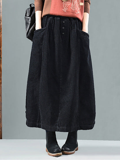 Black corduroy version worn from the front with a coral jumper, large pockets and button placket 5